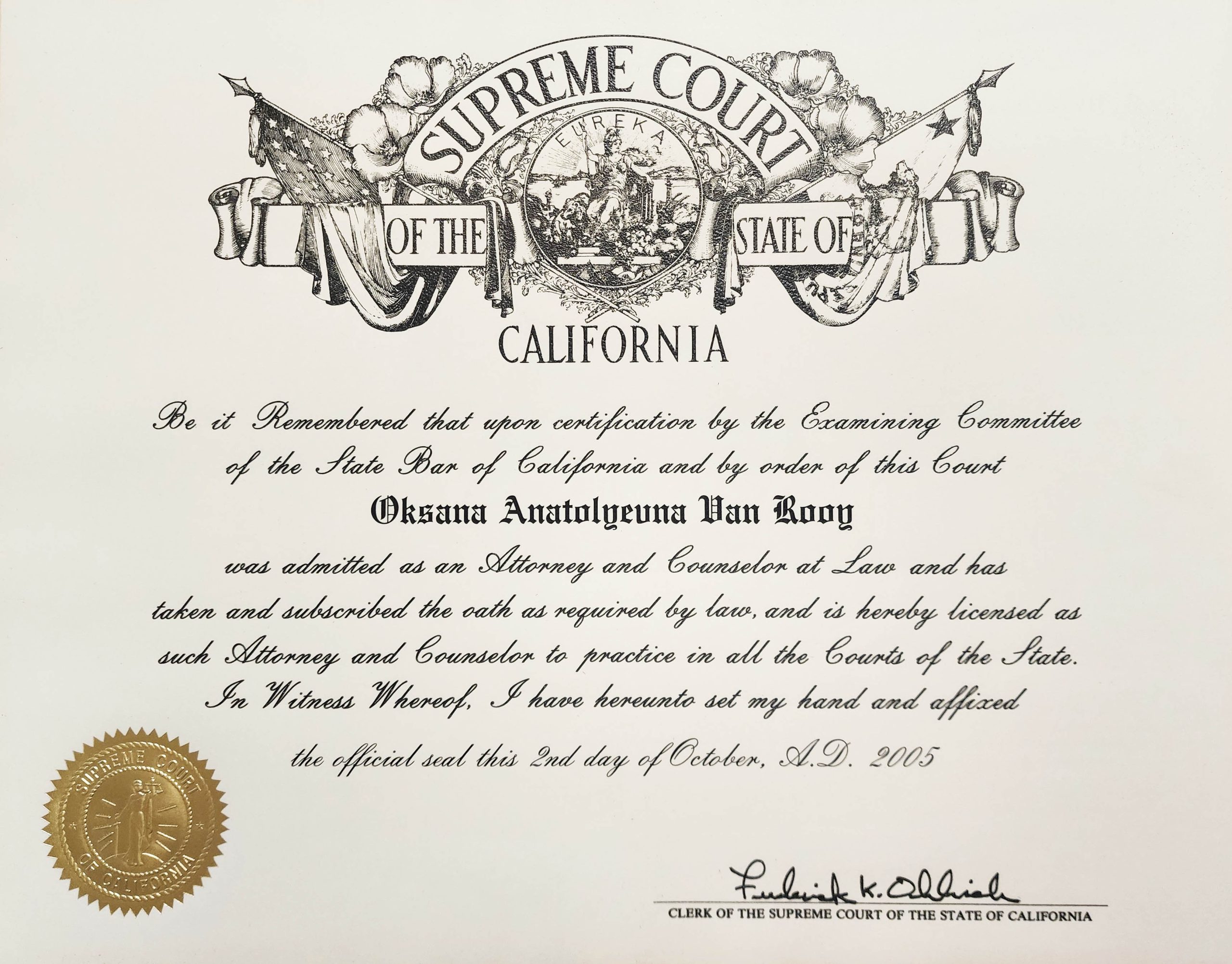 Лицензия адвоката в Калифорнии для Оксаны Ван Рой, выданная Коллегией адвокатов штата Калифорния